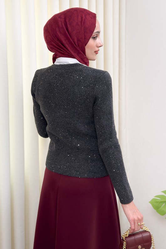 Parlak Pullu Düğmeli Triko Hırka 07426 - ANTRASİT
