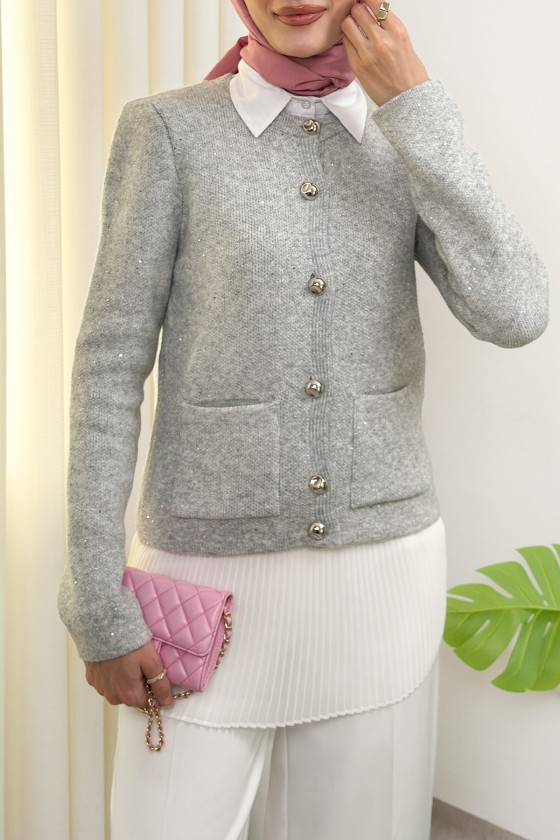 Parlak Pullu Düğmeli Triko Hırka 07426 - GRİ