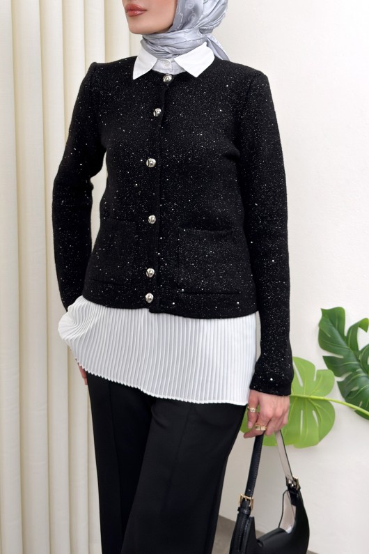 Parlak Pullu Düğmeli Triko Hırka 07426 - SİYAH