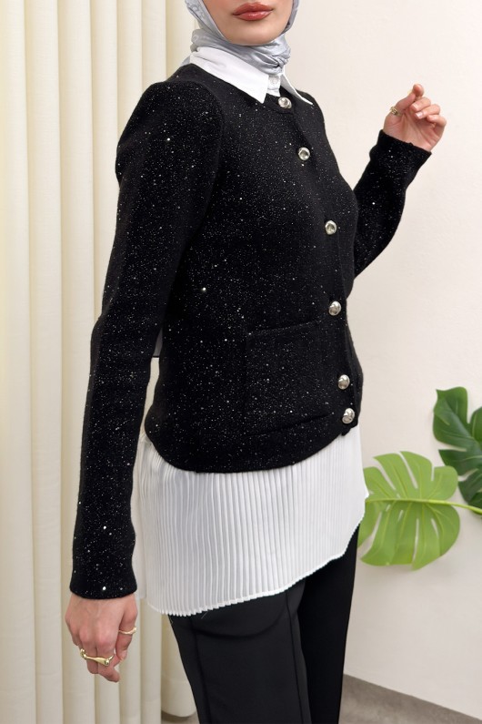 Parlak Pullu Düğmeli Triko Hırka 07426 - SİYAH