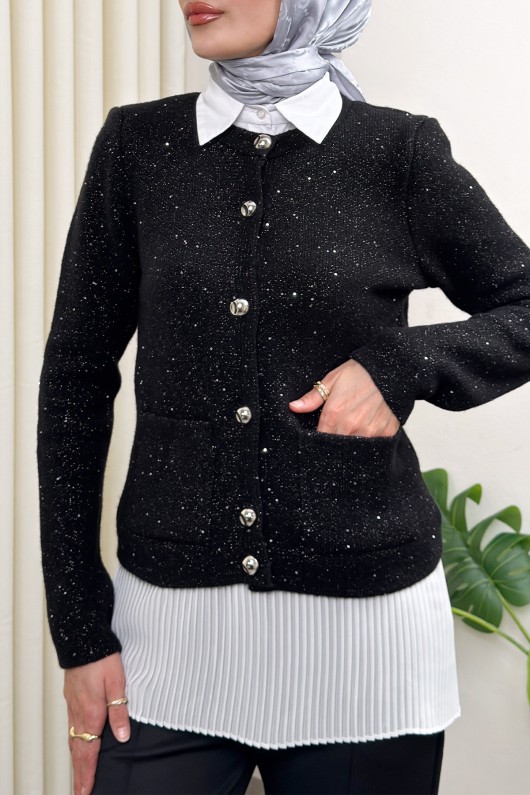 Parlak Pullu Düğmeli Triko Hırka 07426 - SİYAH