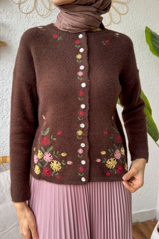 Nakışlı Triko Hırka 10002 - KAHVERENGİ