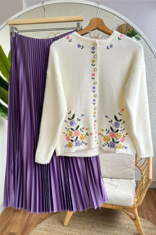 Nakışlı Triko Hırka 10002 - KREM