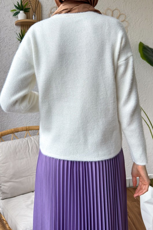 Nakışlı Triko Hırka 10002 - KREM