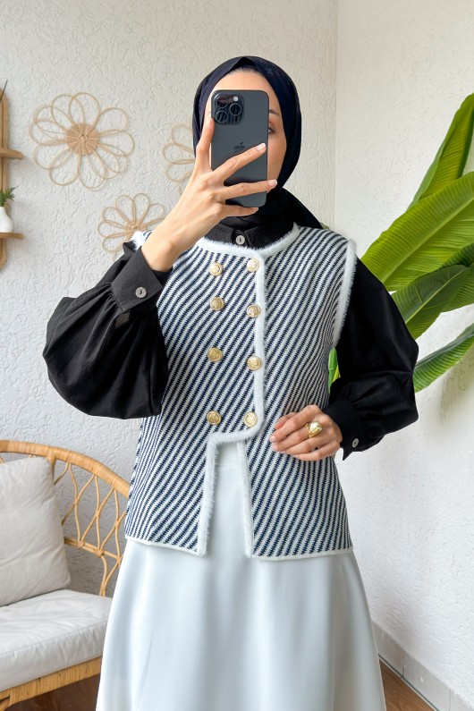 Düğmeli Triko Yelek 10013 - BEYAZ