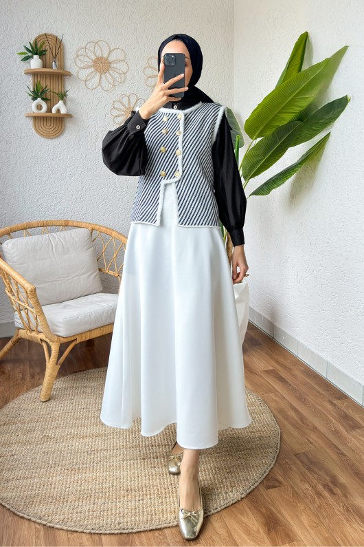 Düğmeli Triko Yelek 10013 - BEYAZ