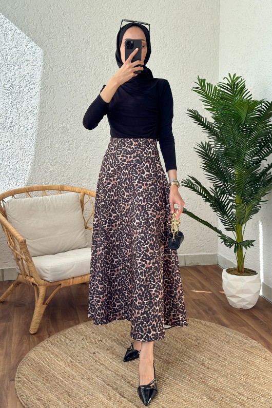 1004 Leopar Desenli Etek - SİYAH