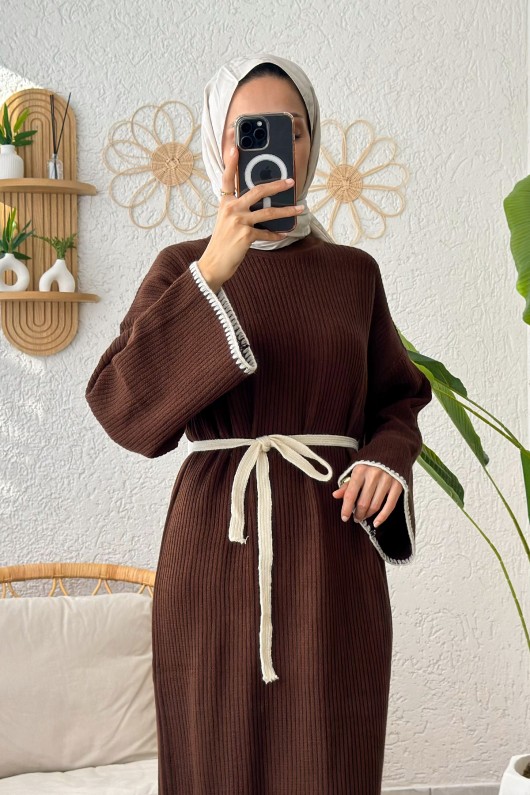 Punto Detaylı Triko Elbise 11040 - KAHVERENGİ