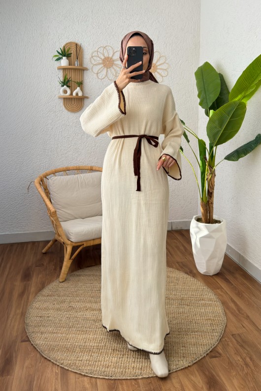 Punto Detaylı Triko Elbise 11040 - KREM