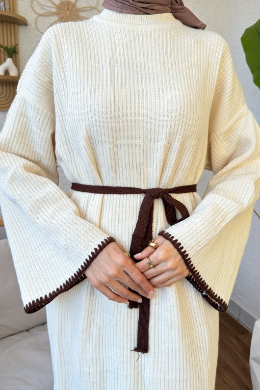 Punto Detaylı Triko Elbise 11040 - KREM