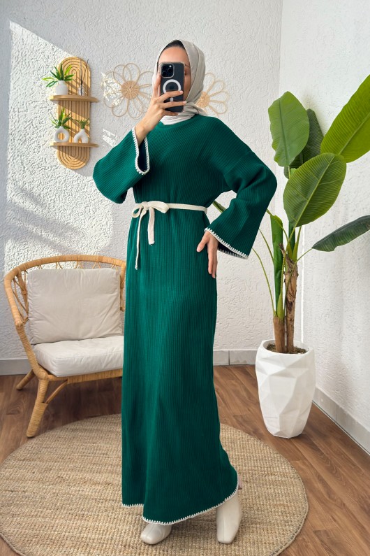 Punto Detaylı Triko Elbise 11040 - ZÜMRÜT YEŞİLİ