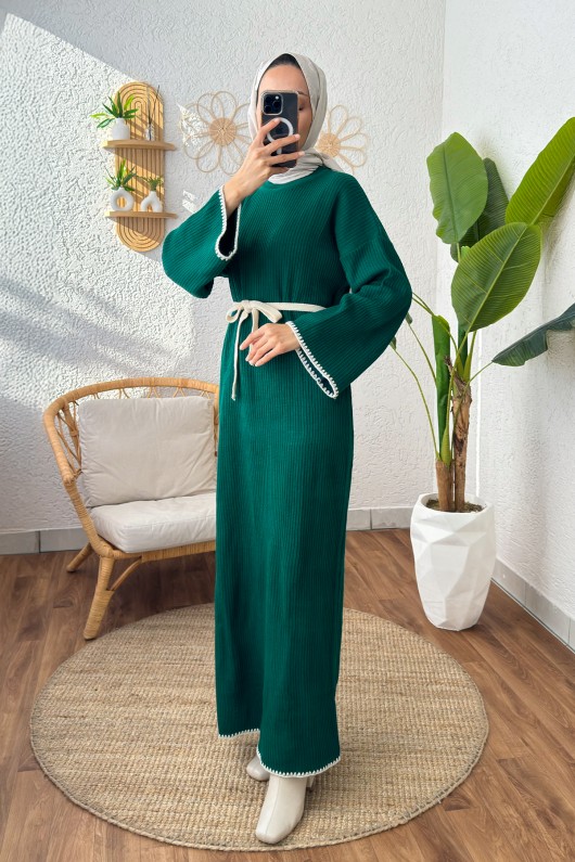 Punto Detaylı Triko Elbise 11040 - ZÜMRÜT YEŞİLİ