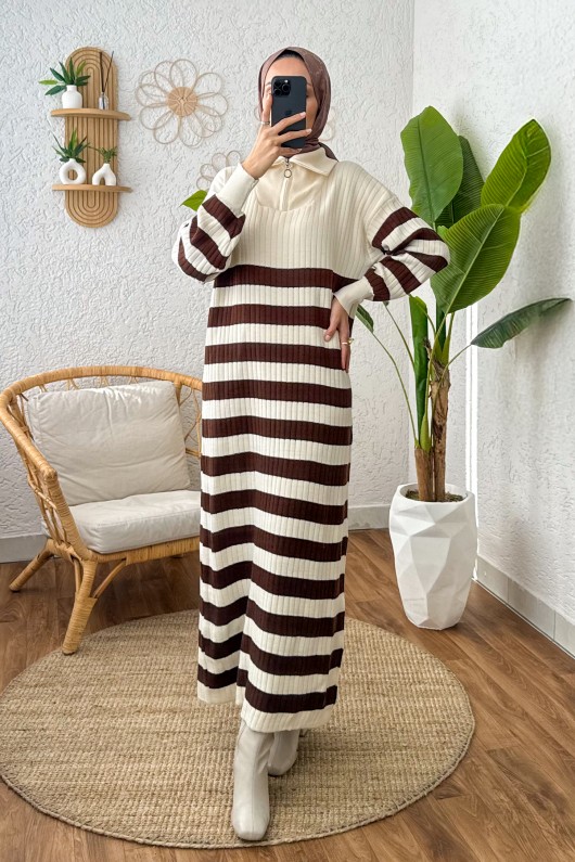 Çizgili Triko Elbise 11042 - BEJ