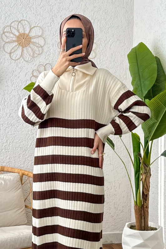 Çizgili Triko Elbise 11042 - BEJ