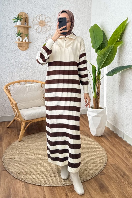 Çizgili Triko Elbise 11042 - BEJ