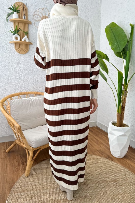Çizgili Triko Elbise 11042 - BEJ