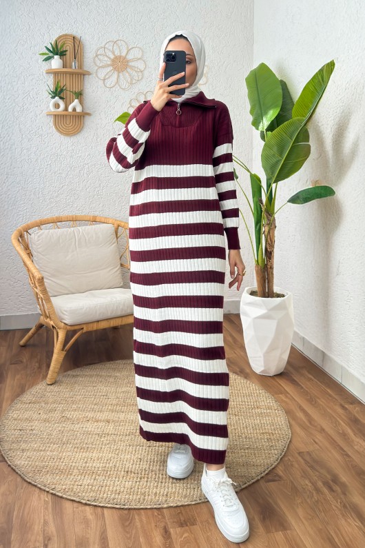Çizgili Triko Elbise 11042 - BORDO