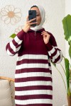 Çizgili Triko Elbise 11042 - BORDO