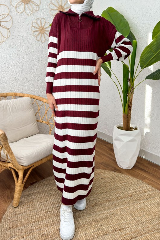 Çizgili Triko Elbise 11042 - BORDO