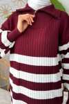 Çizgili Triko Elbise 11042 - BORDO