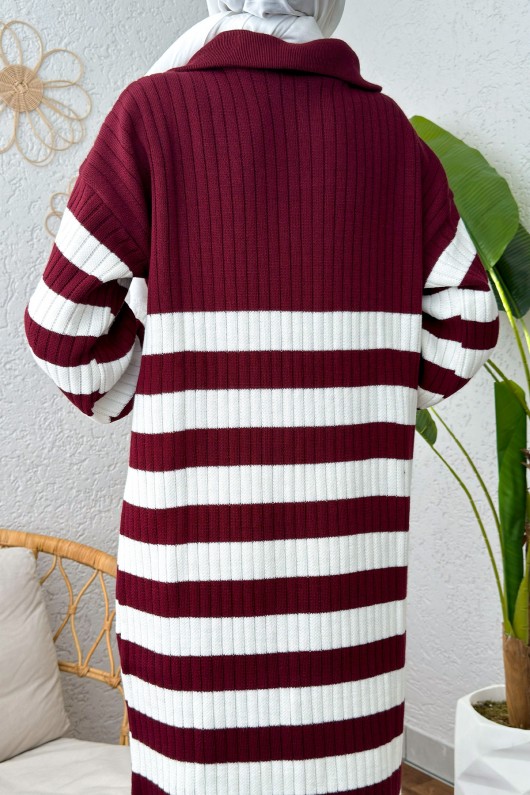 Çizgili Triko Elbise 11042 - BORDO