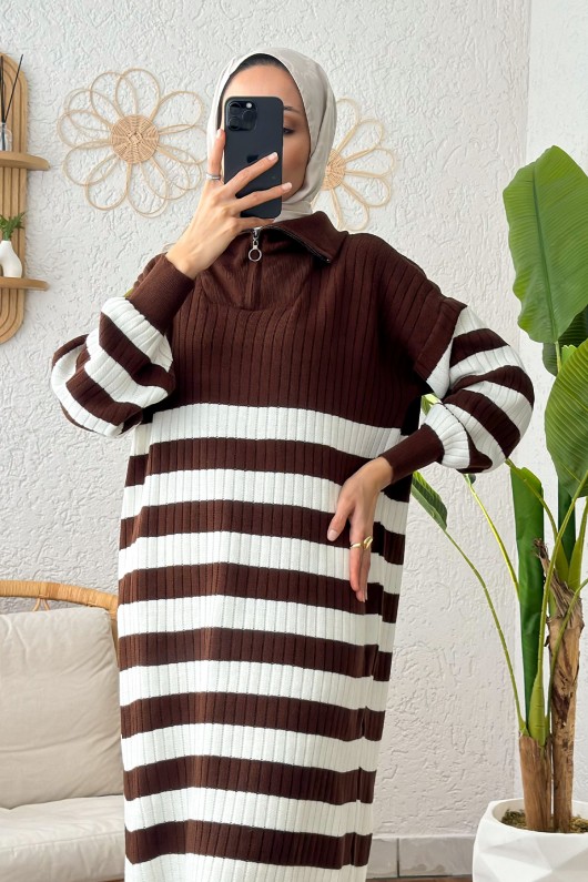 Çizgili Triko Elbise 11042 - KAHVERENGİ