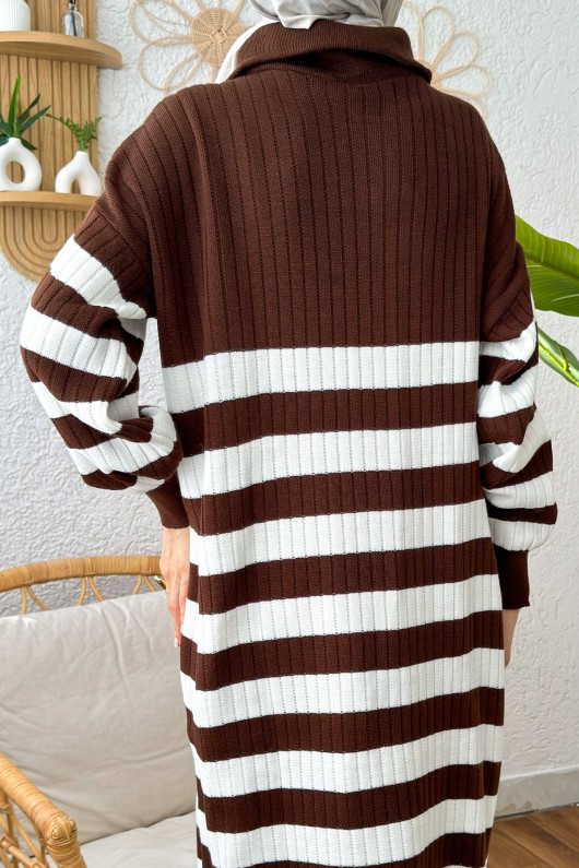 Çizgili Triko Elbise 11042 - KAHVERENGİ