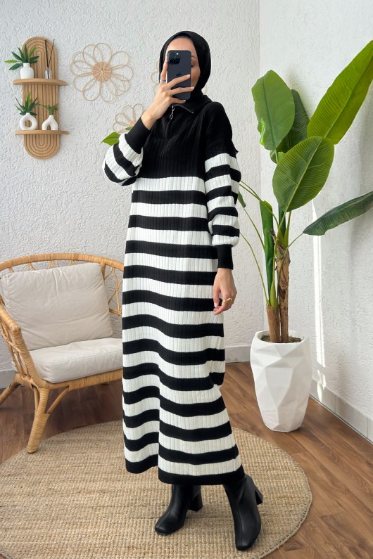 Çizgili Triko Elbise 11042 - SİYAH