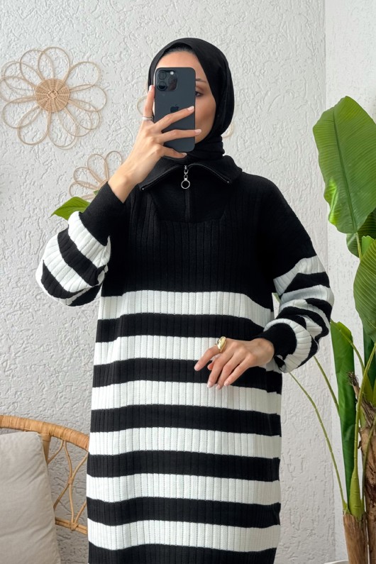 Çizgili Triko Elbise 11042 - SİYAH