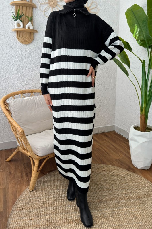 Çizgili Triko Elbise 11042 - SİYAH