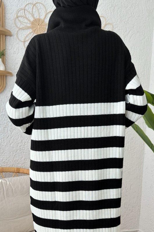 Çizgili Triko Elbise 11042 - SİYAH