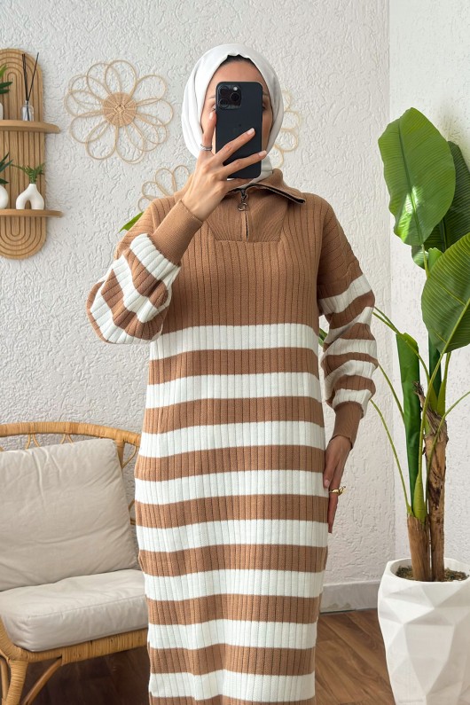 Çizgili Triko Elbise 11042 - VİZON