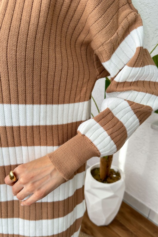 Çizgili Triko Elbise 11042 - VİZON