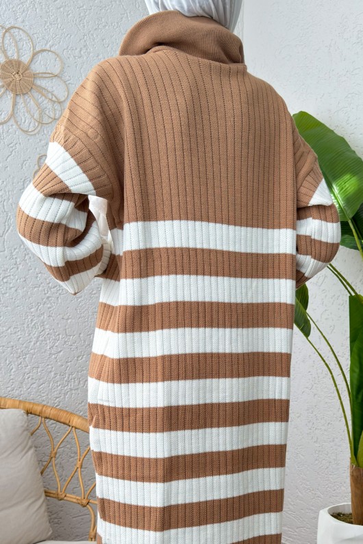 Çizgili Triko Elbise 11042 - VİZON