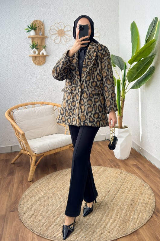 Leopar Desen Tek Düğme Ceket 14116 - TAŞ RENGİ