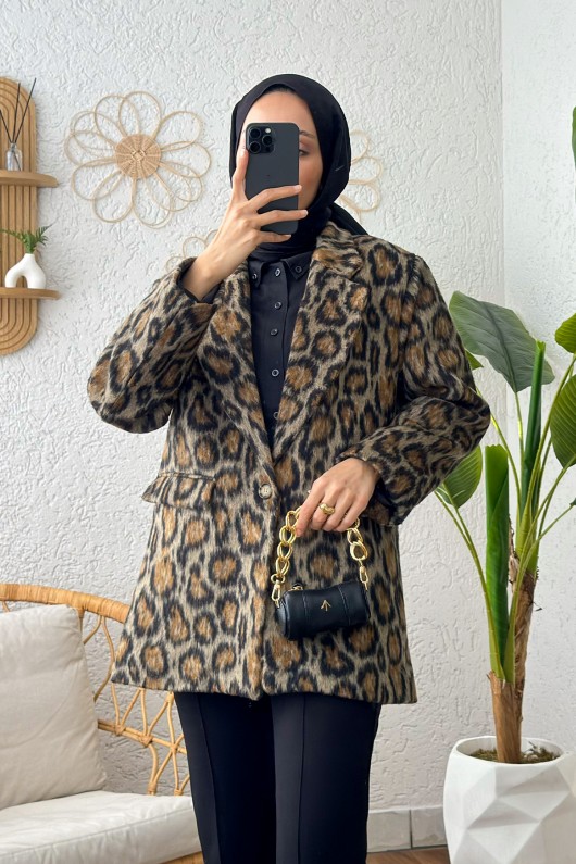 Leopar Desen Tek Düğme Ceket 14116 - TAŞ RENGİ