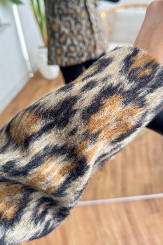 Leopar Desen Tek Düğme Ceket 14116 - TAŞ RENGİ
