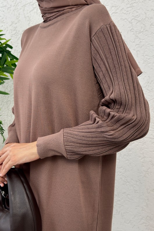 Kolları Simli Triko Elbise 14500 - KESTANE RENGİ