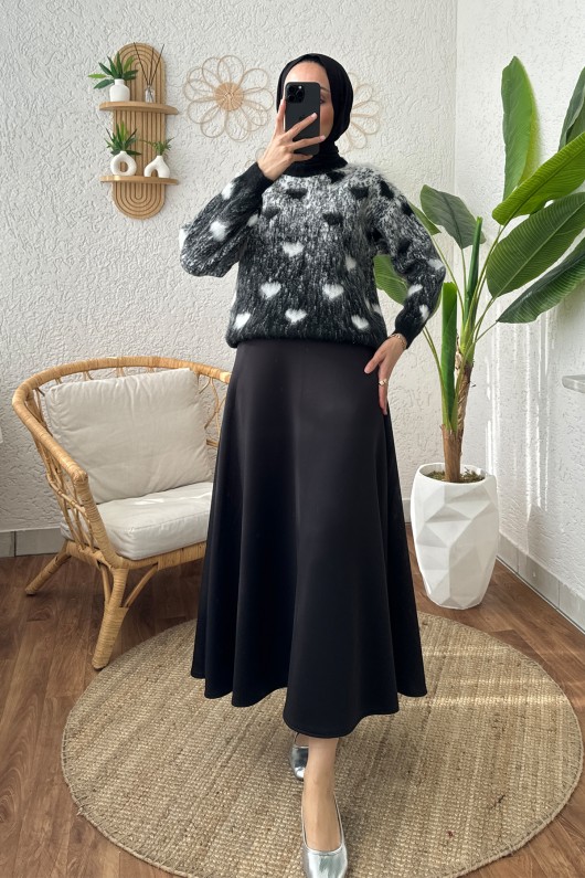 Kalp Desenli Sakallı Triko Kazak 1453 - SİYAH