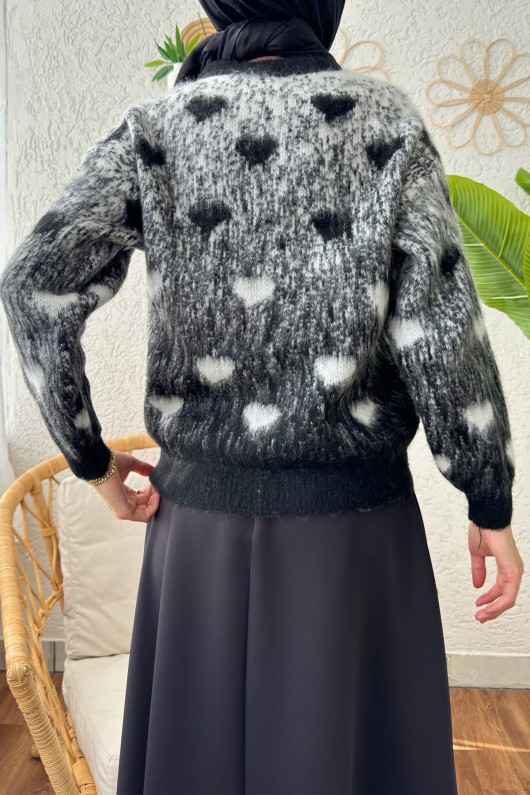 Kalp Desenli Sakallı Triko Kazak 1453 - SİYAH