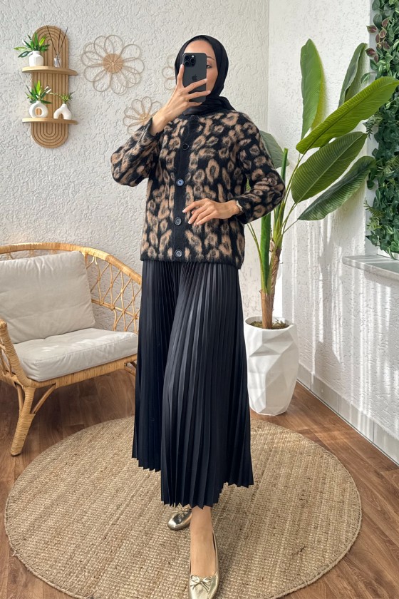 Leopar Desen Sakallı Triko Hırka 1455 - TABA