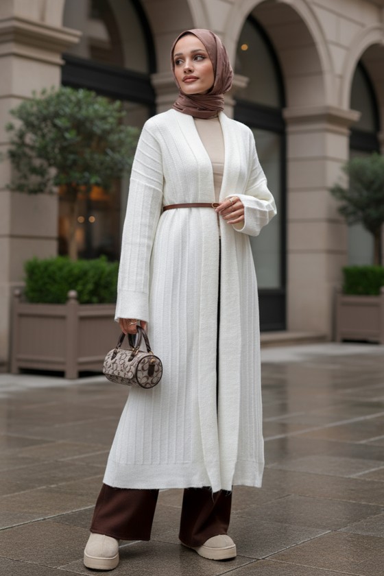 Uzun Triko Hırka 1515 - BEYAZ