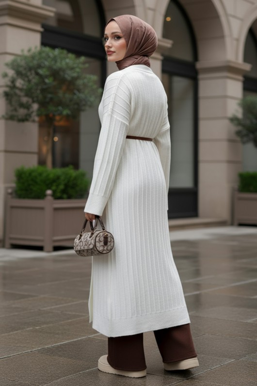 Uzun Triko Hırka 1515 - BEYAZ