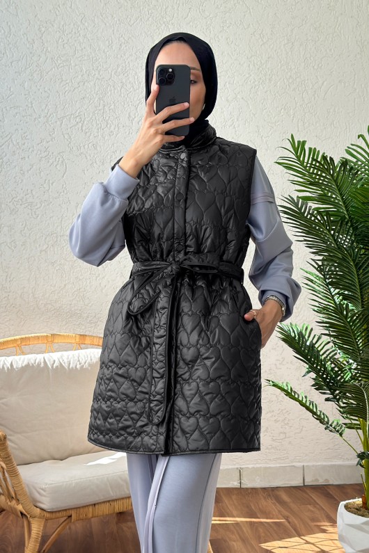 1521 Kuşaklı Kapitone Yelek - SİYAH