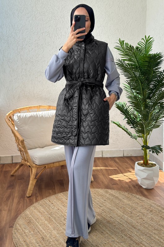 1521 Kuşaklı Kapitone Yelek - SİYAH