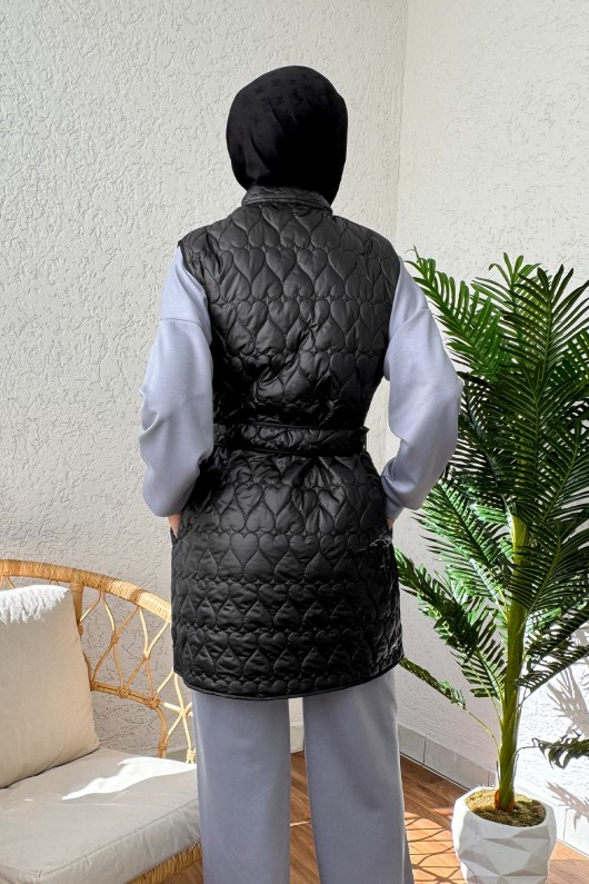 1521 Kuşaklı Kapitone Yelek - SİYAH