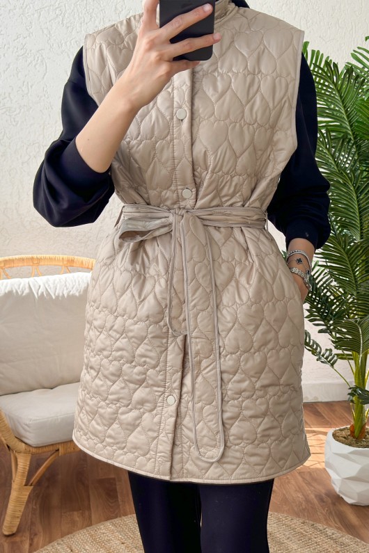 1521 Kuşaklı Kapitone Yelek - TAŞ RENGİ 1521 Kuşaklı Kapitone Yelek - TAŞ RENGİ