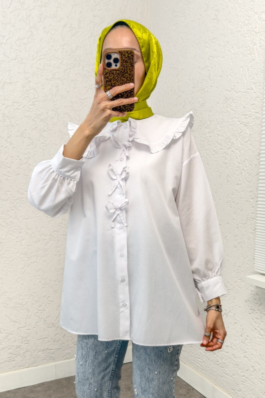 Fırfır Yakalı Tesettür Tunik 1596 - BEYAZ