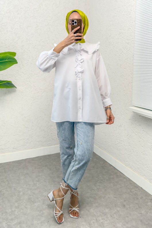 Fırfır Yakalı Tesettür Tunik 1596 - BEYAZ