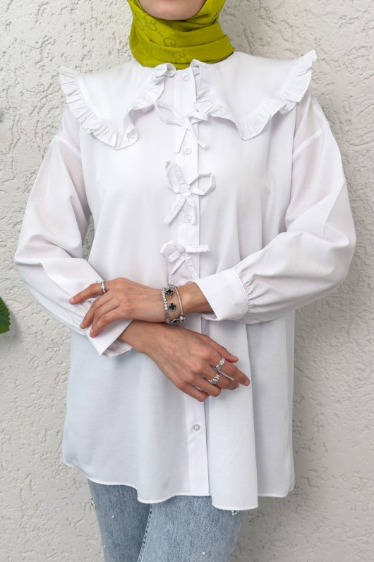 Fırfır Yakalı Tesettür Tunik 1596 - BEYAZ